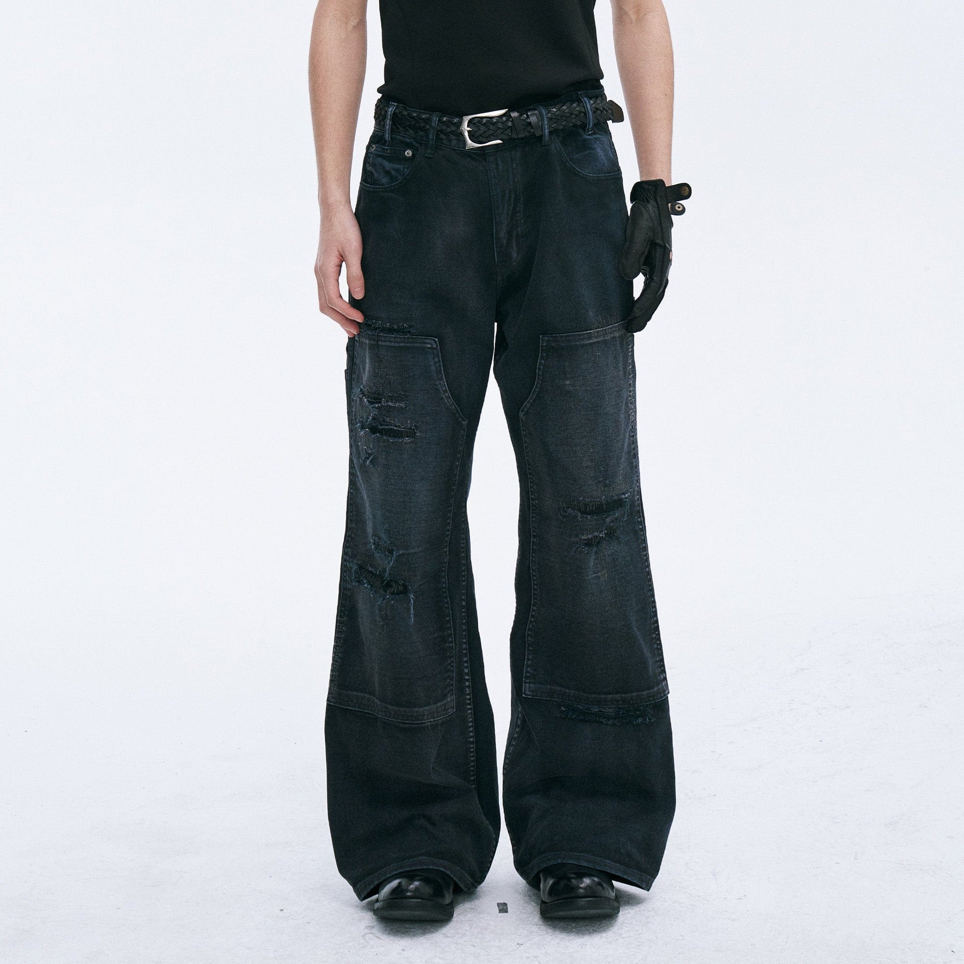 CATSSTAC Distressed Double-Knee Carpenter Straight-Leg Jeans Black-Jeans-M-Free Shipping Leatheretro