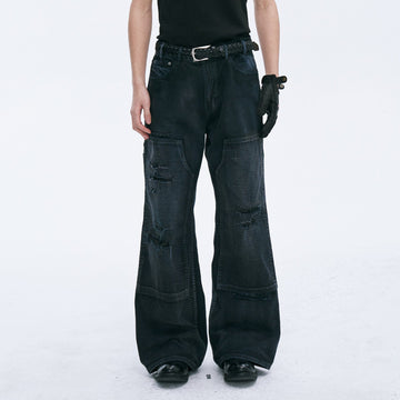 CATSSTAC Distressed Double-Knee Carpenter Straight-Leg Jeans Black-Jeans-M-Free Shipping Leatheretro