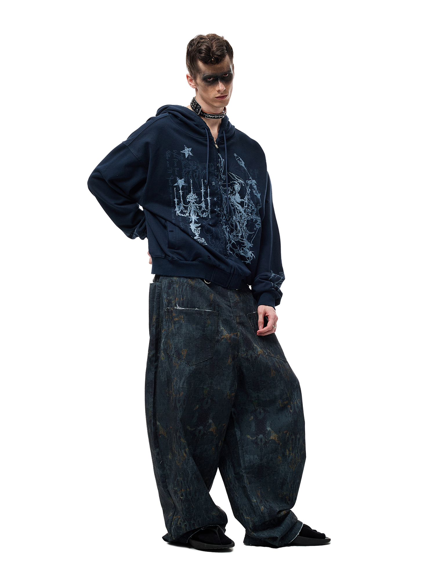 CYCYCY Washed Mottled Flame Graphic Denim Pants-Pants-XXS / 27"-Free Shipping Leatheretro