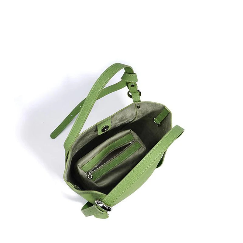 Genuine Leather Large Capacity Women's Bucket Handbag-Handbags-Green-Free Shipping Leatheretro
