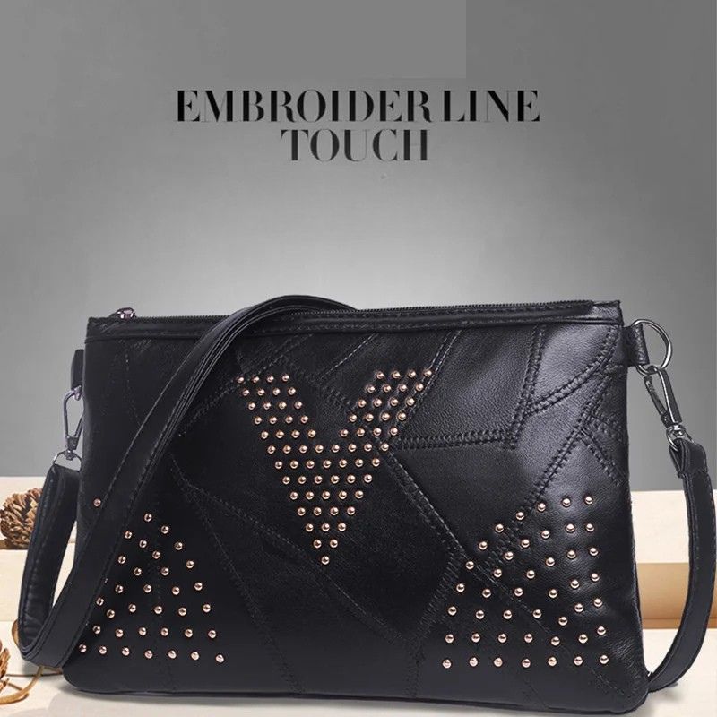 Women’s Black Rivet Shoulder Bag – Small Crossbody Messenger Handbag-Handbags-Black-Free Shipping Leatheretro