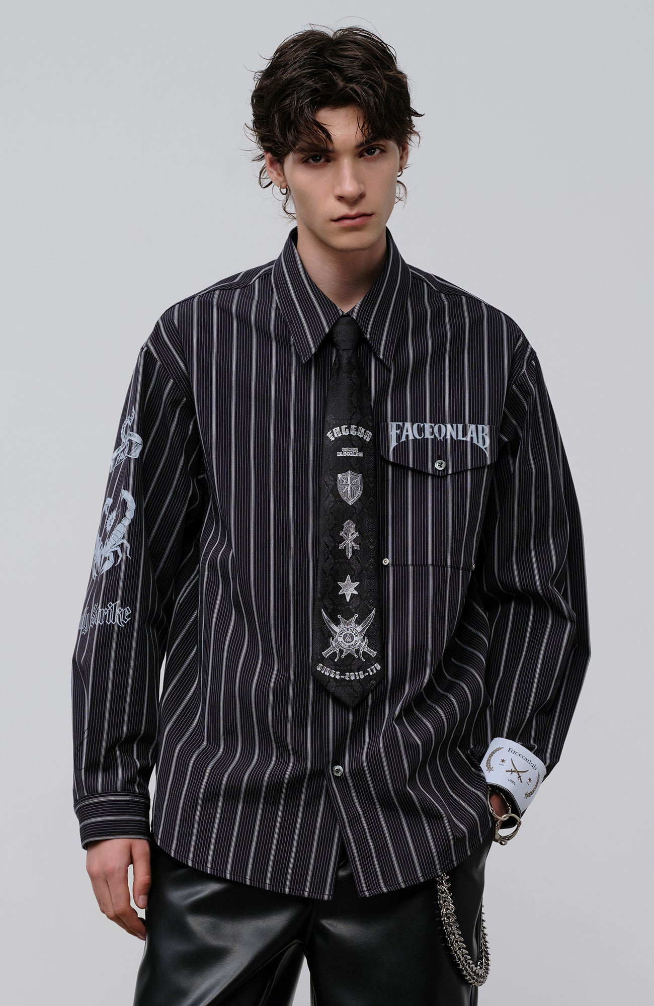 FACEONLAB Stripe Animal Graphic Relaxed Shirt Black-Shirt-M-Free Shipping Leatheretro