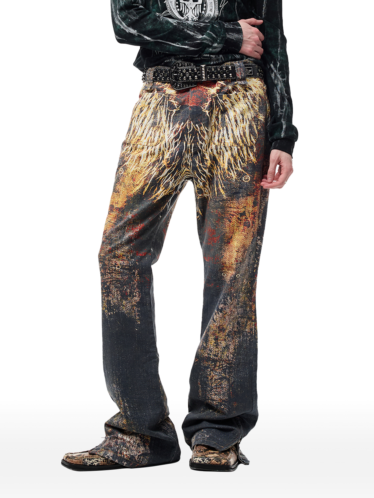 CYCYCY Feather Full-Print Slim Flared Jeans-Jeans-XXS / 27"-Free Shipping Leatheretro