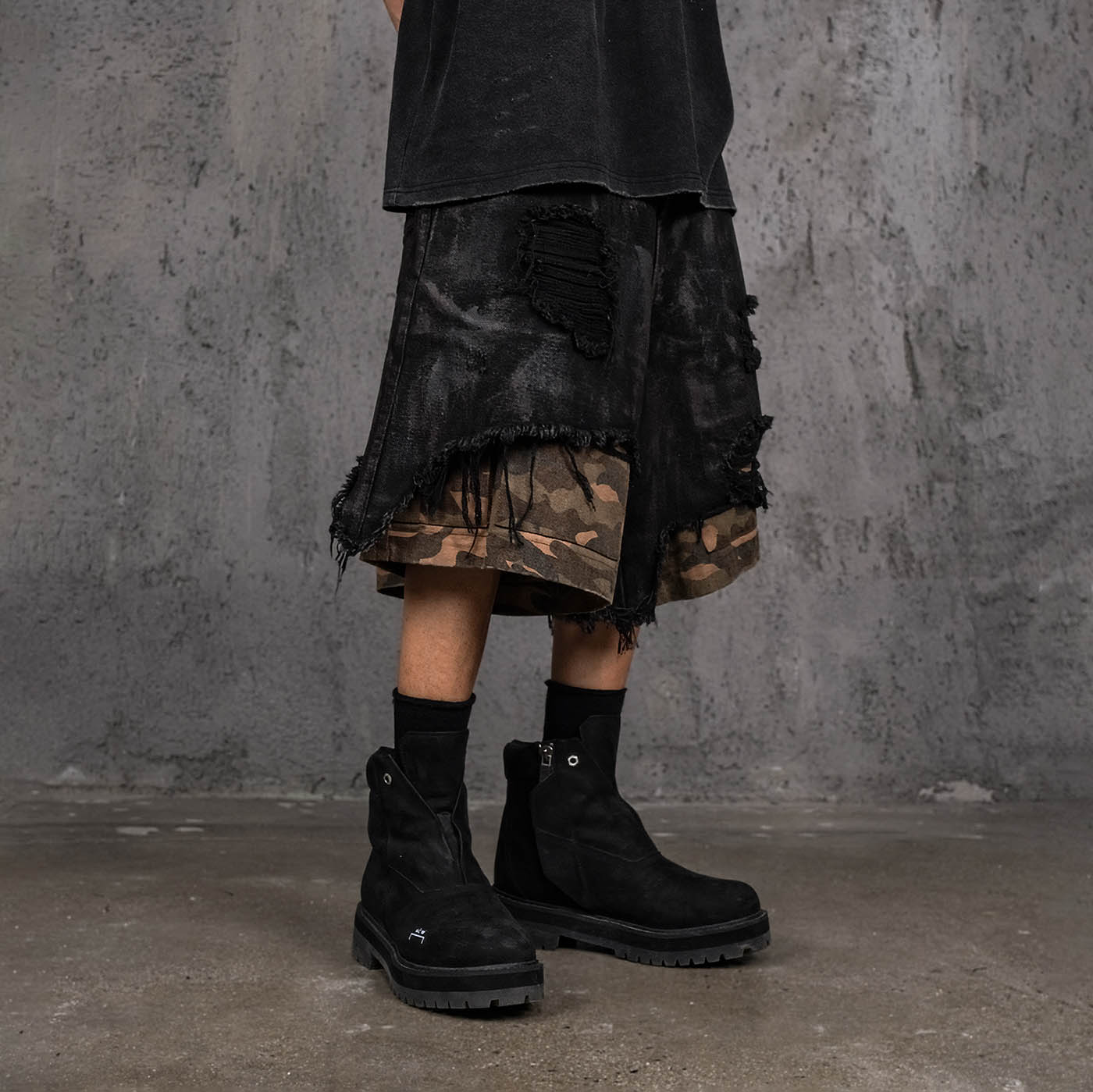 UNDERWATER Double-Layered Ripped Camo Shorts Black-Shorts-S-Free Shipping Leatheretro