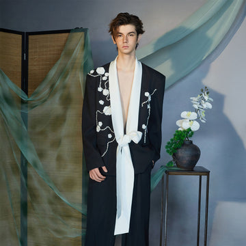 JIECHI Floral Embroidered Sash Tie Blazer-Jacket-M (Preorder)-Free Shipping Leatheretro