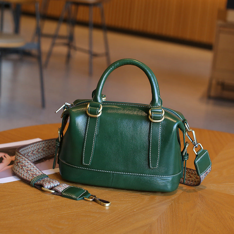 Genuine Leather Shoulder Messenger Bag - First Layer Cowhide Sandwich Zipper Bags-Messenger Bag-Emerald Green-Free Shipping Leatheretro