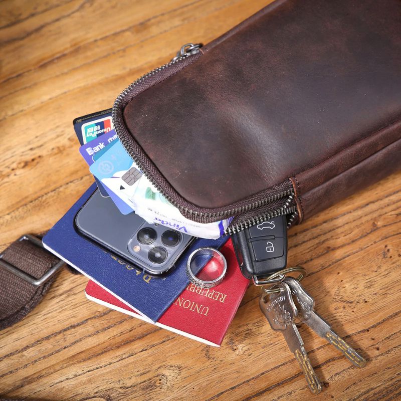 Vintage Full Grain Leather Sling Bag for Men – Premium Crossbody Chest Bag-Chest Bags-Dark Coffee-Free Shipping Leatheretro