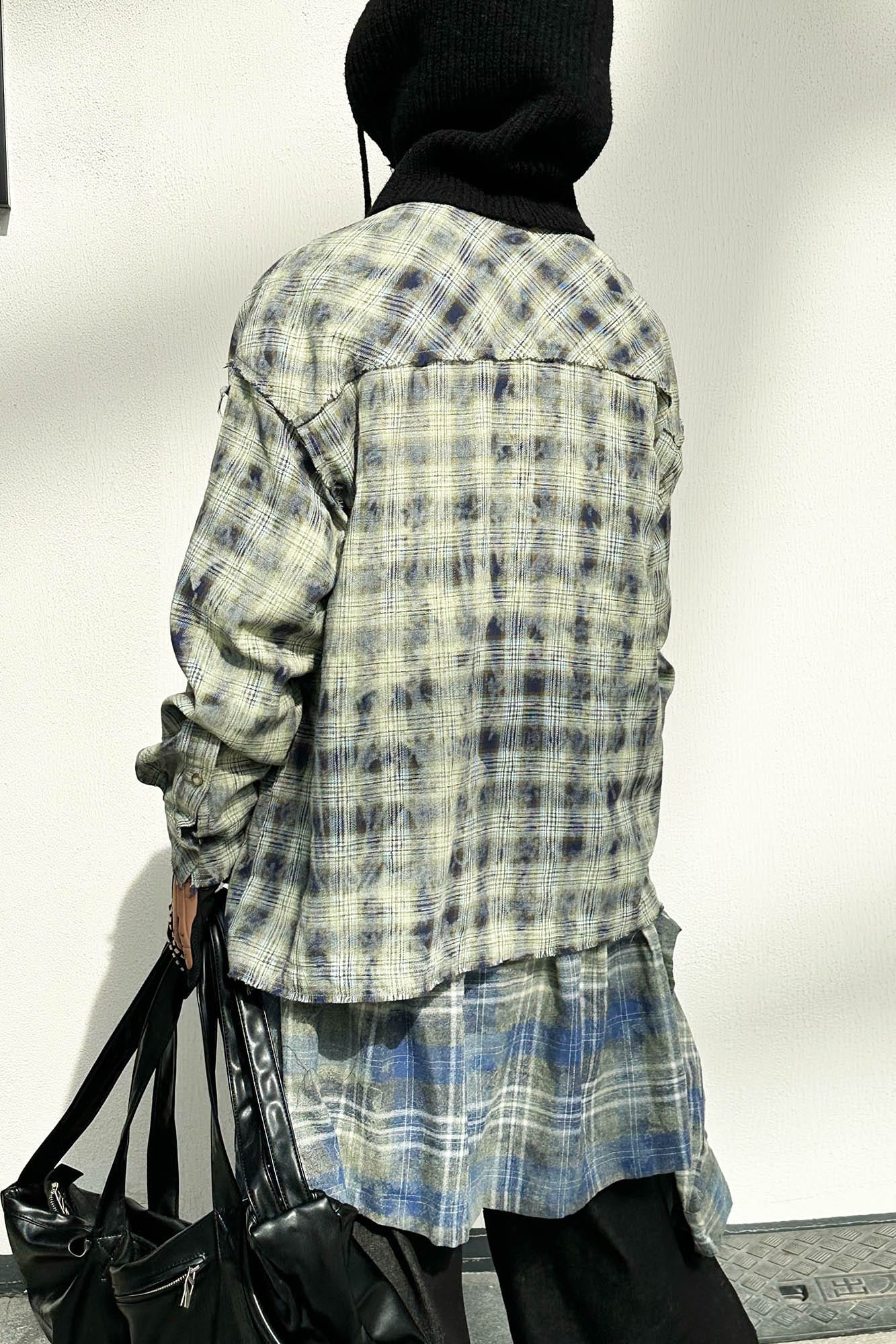 RELABEL Tie-dye Plaid Dual Closure Frayed Shirt-Shirt-XS-Blue-Free Shipping Leatheretro