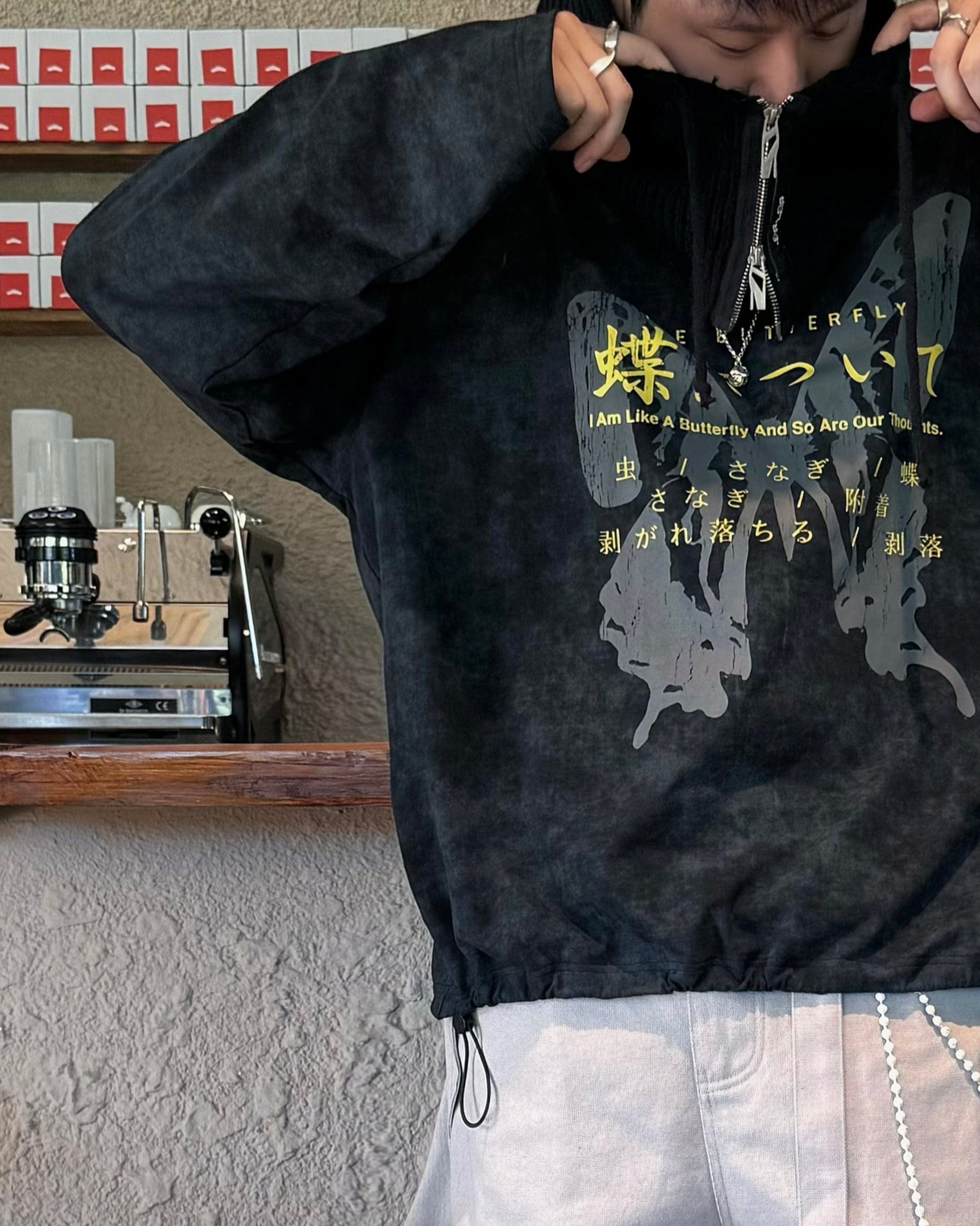 RELABEL Butterfly Buttoned Faded Hoodie-Hoodie-S-Dark Grey-Free Shipping Leatheretro