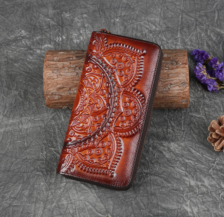 Genuine Cowhide Leather with Embossed Zipper Closure Wallet-Handbags, Wallets & Cases-Blue-Free Shipping Leatheretro