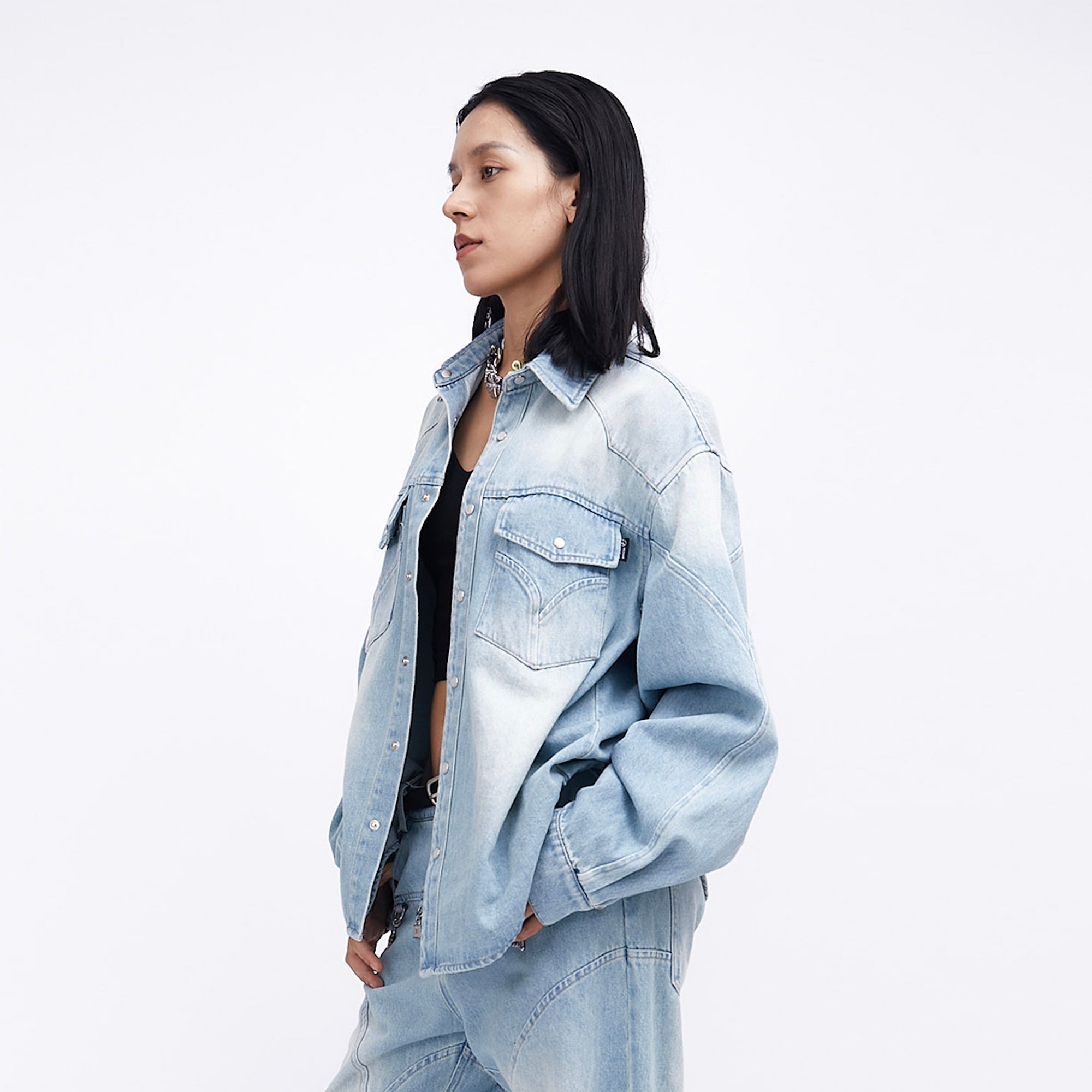 ASSEEN Paneled Washed Western Denim Shirt-Shirt-S-Free Shipping Leatheretro