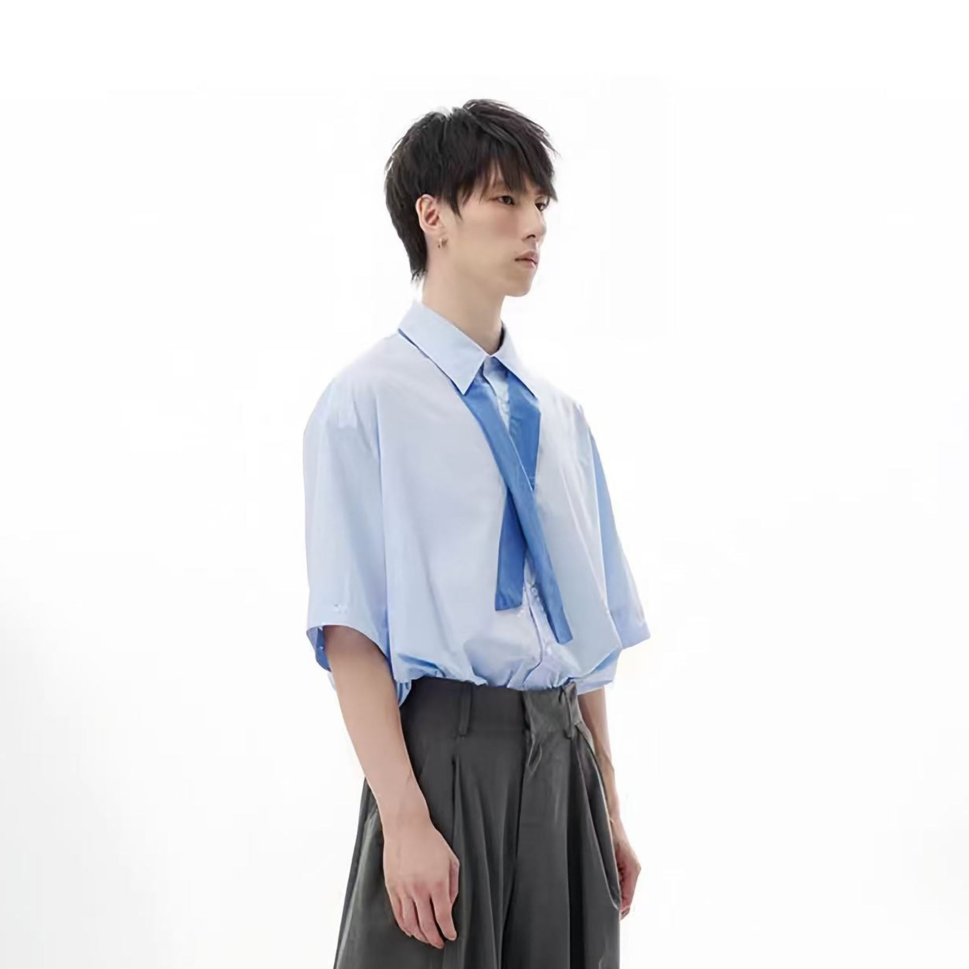 TUIMU Cross Tie Detachable Sleeve Shirt-Shirt-S-Blue-Free Shipping Leatheretro