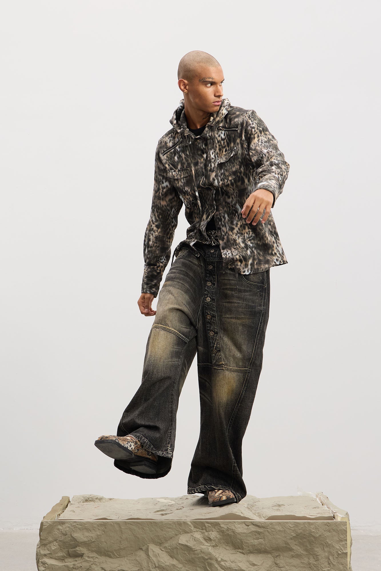 DND4DES Asymmetric Button-Fly Panel Washed Jeans-Jeans-XS-Blue-Free Shipping Leatheretro