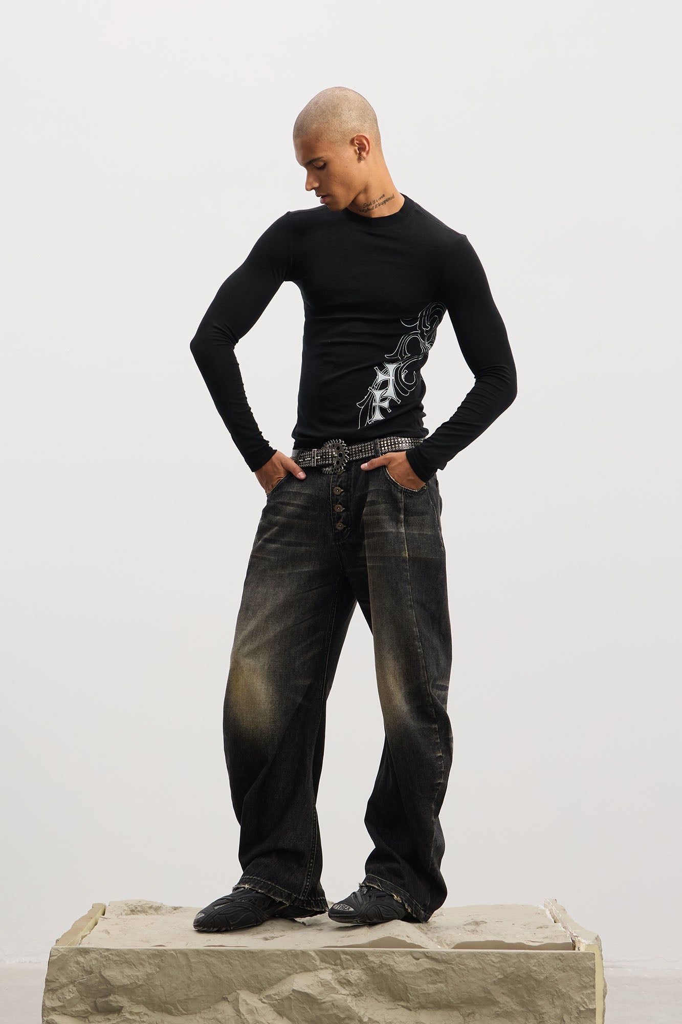 DND4DES Washed Button-Up Balloon-Leg Jeans-Jeans-S (Preorder)-Black-Free Shipping Leatheretro