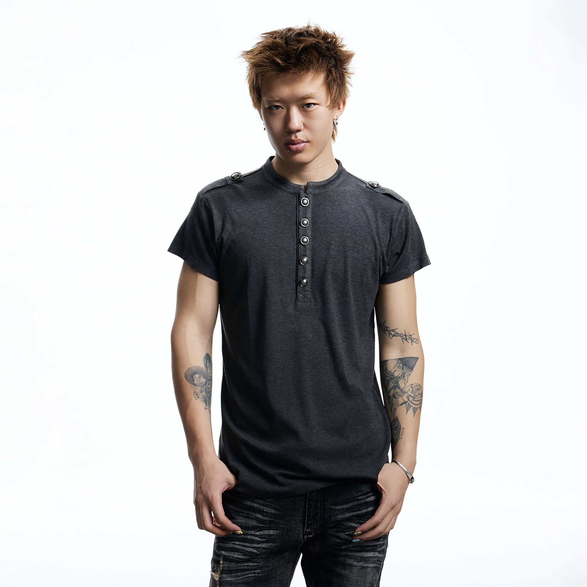 DND4DES Regal Braid Button T-Shirt-T Shirt-S (Preorder)-Gray-Free Shipping Leatheretro