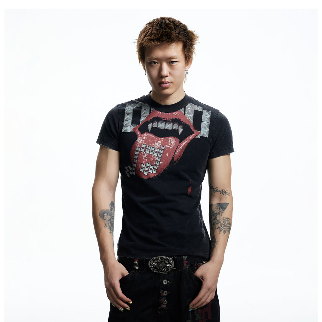 DND4DES Punk Stud Lips Print T-Shirt-T Shirt-M (Preorder)-Black-Free Shipping Leatheretro