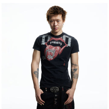 DND4DES Punk Stud Lips Print T-Shirt-T Shirt-M (Preorder)-Black-Free Shipping Leatheretro