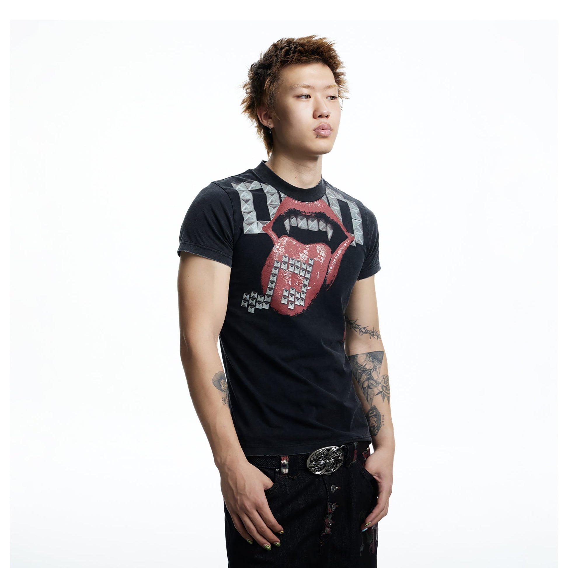 DND4DES Punk Stud Lips Print T-Shirt-T Shirt-S (Preorder)-Black-Free Shipping Leatheretro