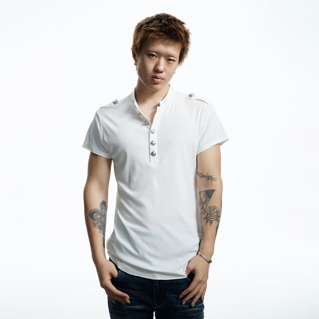DND4DES Regal Braid Button T-Shirt-T Shirt-S (Preorder)-White-Free Shipping Leatheretro