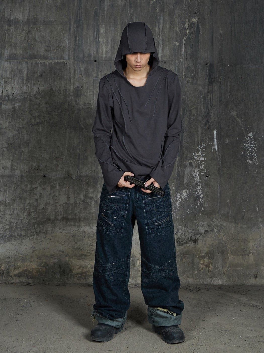 DND4DES Patchwork Raw-Edge Zipper Jeans Dark Blue-Jeans-S-Free Shipping Leatheretro