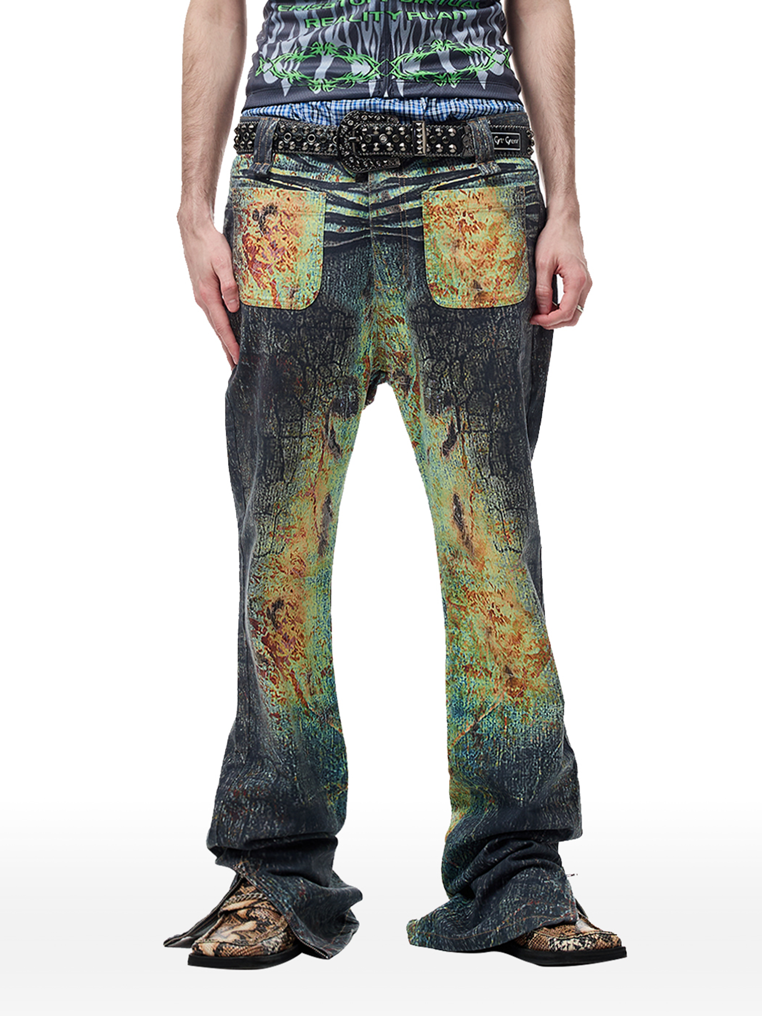 CYCYCY Iridescent Croc Full-Print Slim Flared Jeans-Jeans-XXS / 27"-Free Shipping Leatheretro
