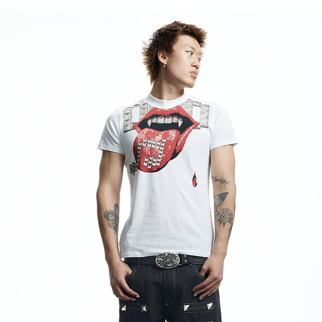 DND4DES Punk Stud Lips Print T-Shirt-T Shirt-M (Preorder)-Black-Free Shipping Leatheretro
