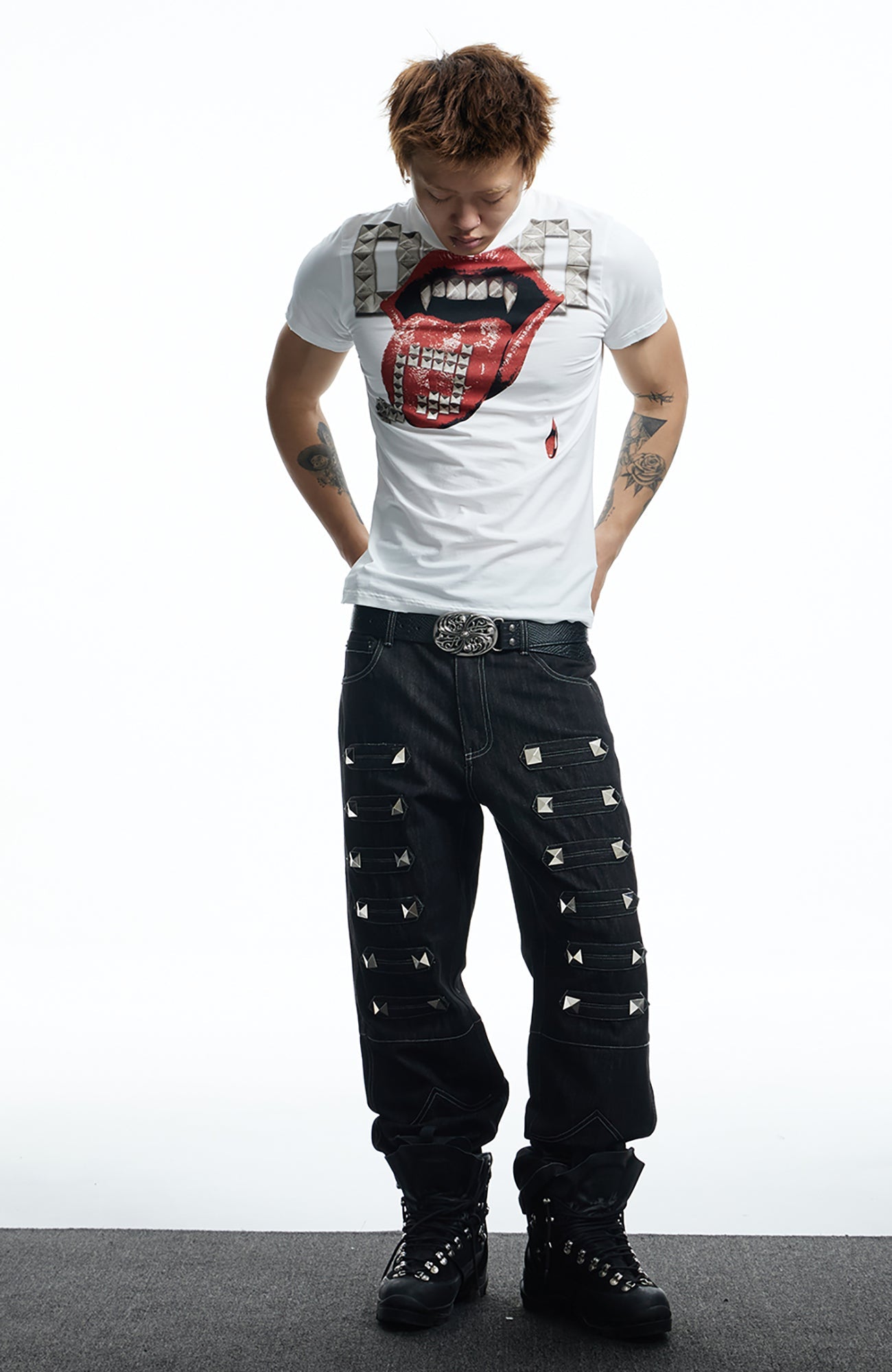 DND4DES Punk Stud Lips Print T-Shirt-T Shirt-S (Preorder)-Black-Free Shipping Leatheretro