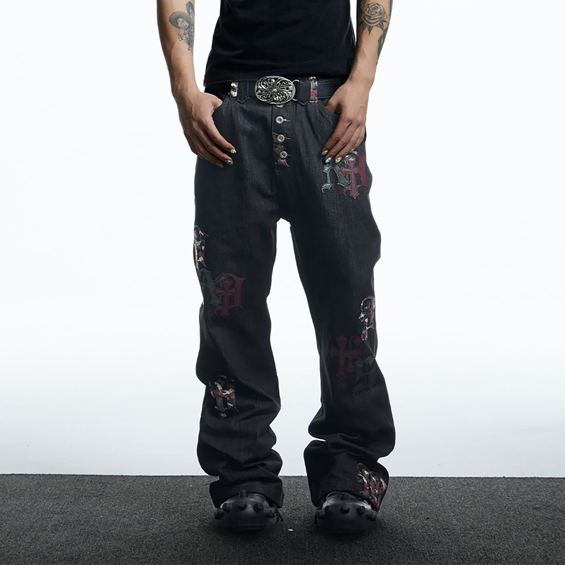 DND4DES Gothic Camo Patchwork Raw Denim Pants-Jeans-XS-Free Shipping Leatheretro