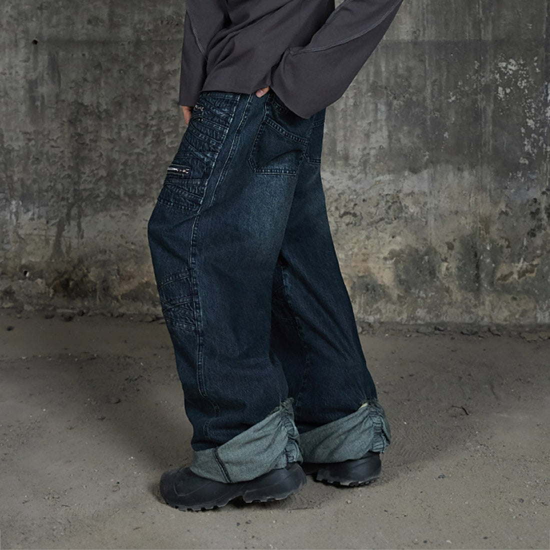 DND4DES Patchwork Raw-Edge Zipper Jeans Dark Blue-Jeans-S-Free Shipping Leatheretro