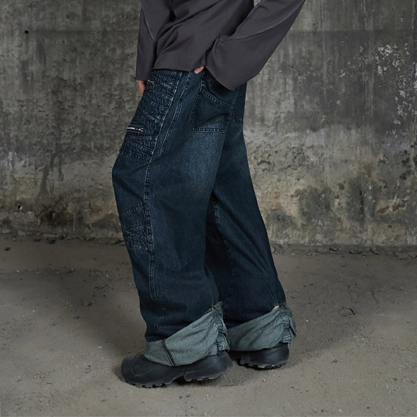 DND4DES Patchwork Raw-Edge Zipper Jeans Dark Blue-Jeans-S-Free Shipping Leatheretro