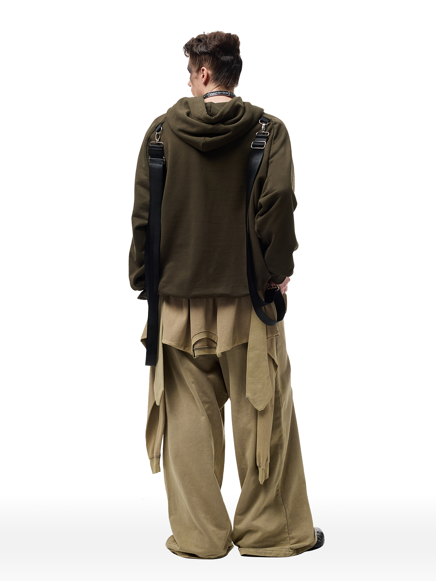 CYCYCY Layered Raw Edge Wide-Leg Sweatpants Khaki-Pants-S / 23"-Free Shipping Leatheretro
