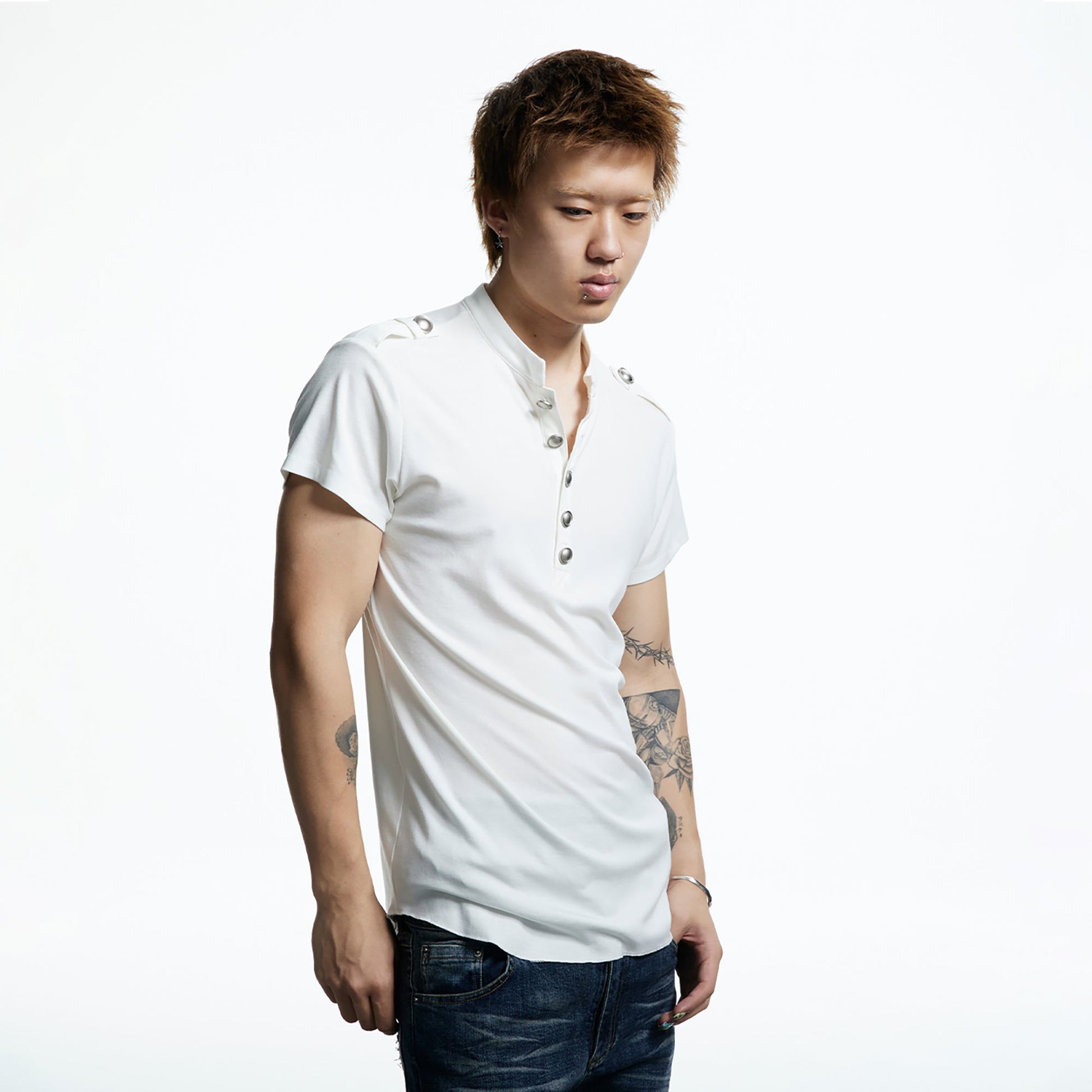 DND4DES Regal Braid Button T-Shirt-T Shirt-S (Preorder)-White-Free Shipping Leatheretro