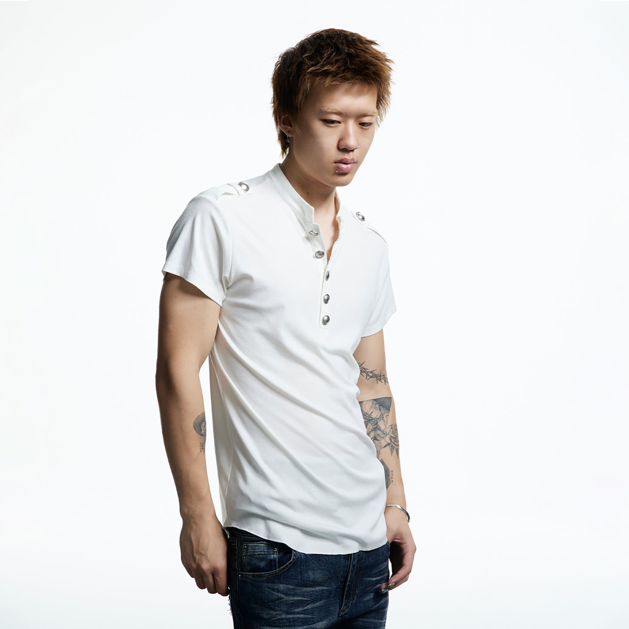 DND4DES Regal Braid Button T-Shirt-T Shirt-S (Preorder)-White-Free Shipping Leatheretro