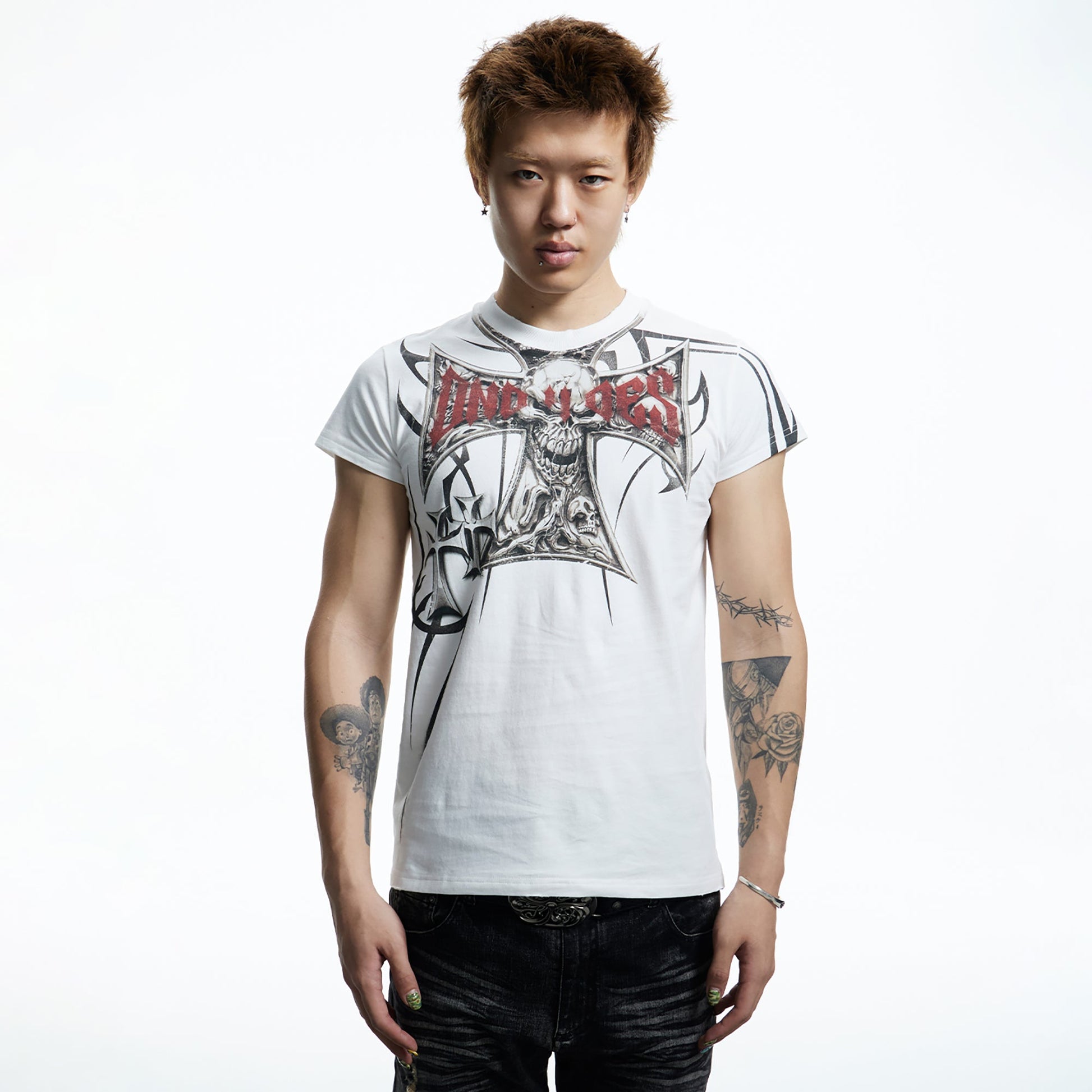 DND4DES Gothic Skull Cross Graphic T-Shirt-T Shirt-S (Preorder)-White-Free Shipping Leatheretro