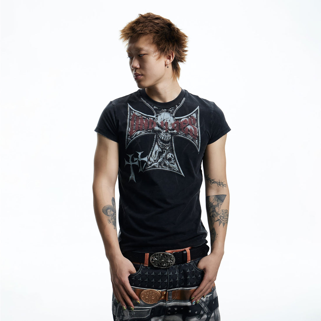DND4DES Gothic Skull Cross Graphic T-Shirt-T Shirt-S (Preorder)-Black-Free Shipping Leatheretro