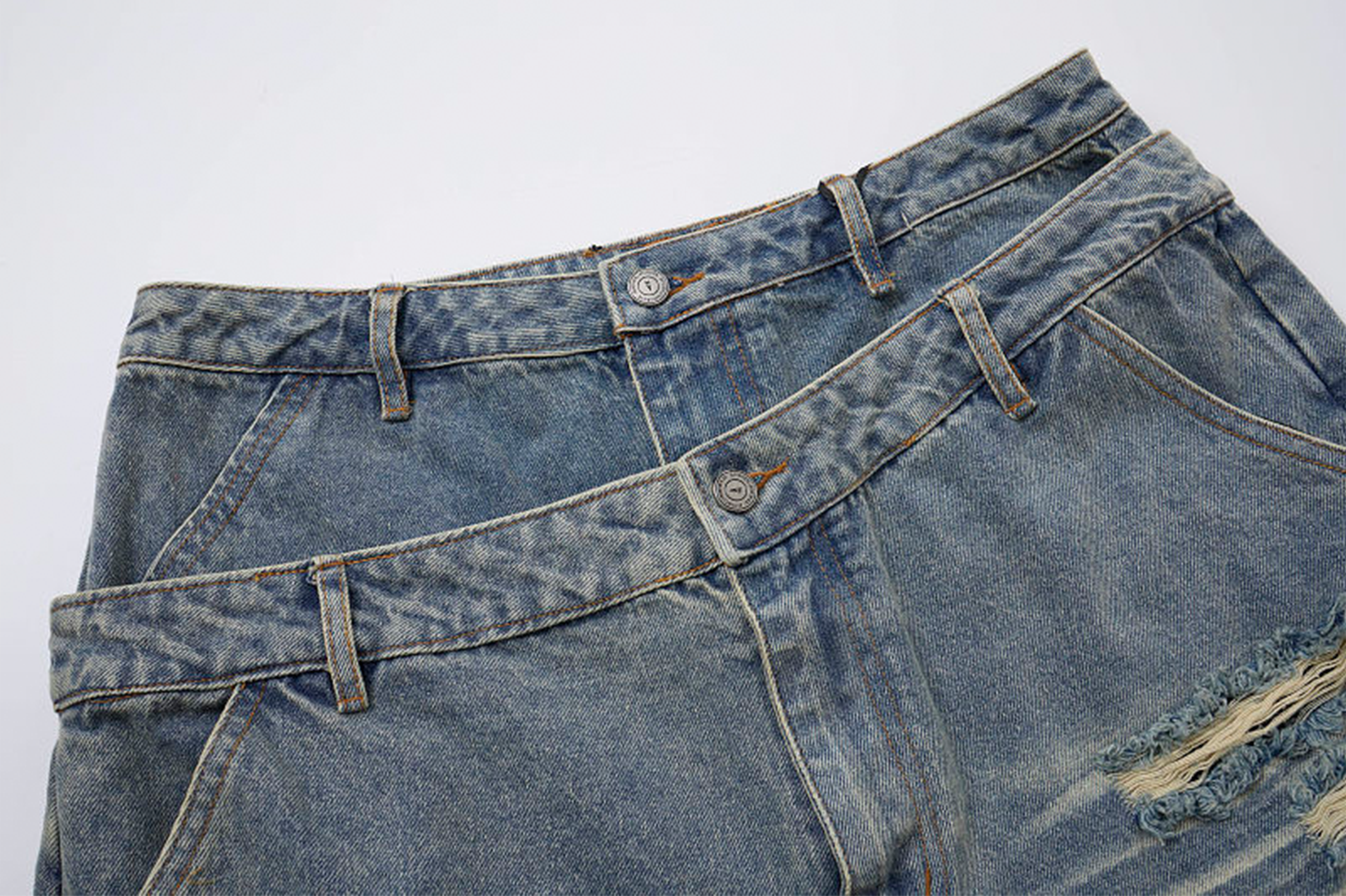 CLP Distressed Double-Waist Denim Shorts-Shorts-M / 31"-Blue-Free Shipping Leatheretro