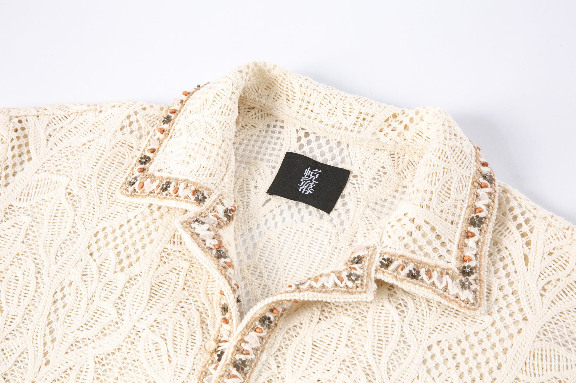 TUIMU Beaded Trim Open-Knit Jacquard Half Shirt-Shirt-S (Preorder)-Free Shipping Leatheretro