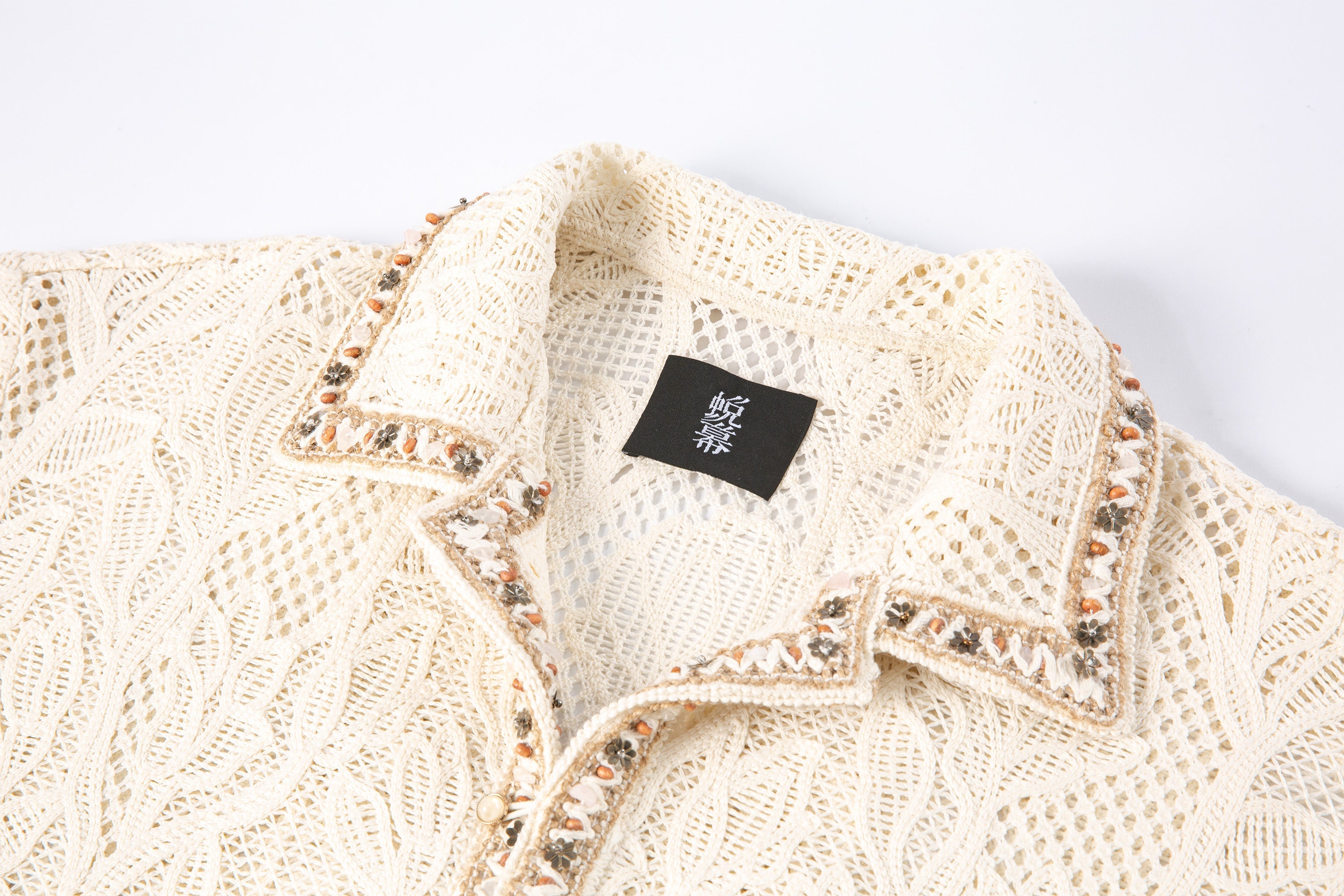 TUIMU Beaded Trim Open-Knit Jacquard Half Shirt-Shirt-S (Preorder)-Free Shipping Leatheretro