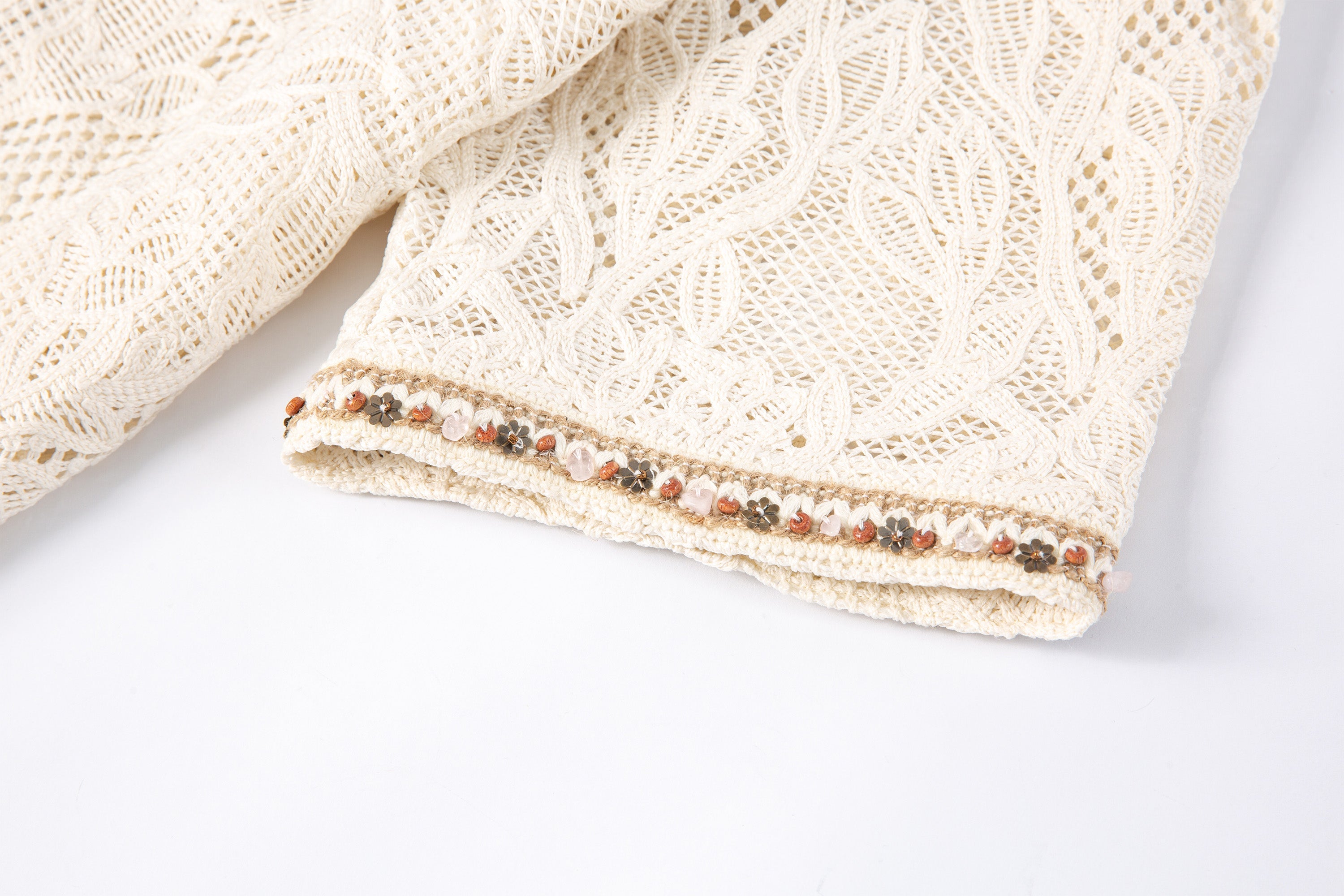 TUIMU Beaded Trim Open-Knit Jacquard Half Shirt-Shirt-S (Preorder)-Free Shipping Leatheretro