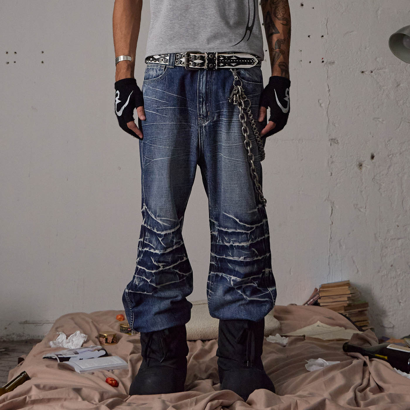 DND4DES Lightning-Creased Flared Jeans Blue-Jeans-S-Free Shipping Leatheretro