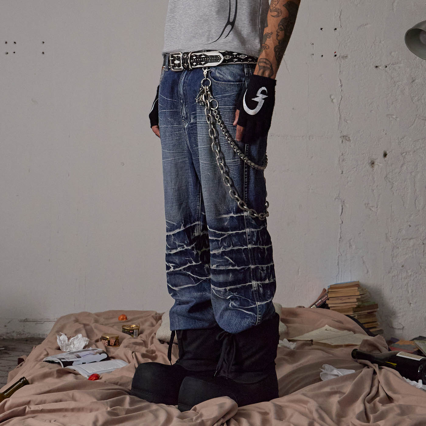 DND4DES Lightning-Creased Flared Jeans Blue-Jeans-S-Free Shipping Leatheretro