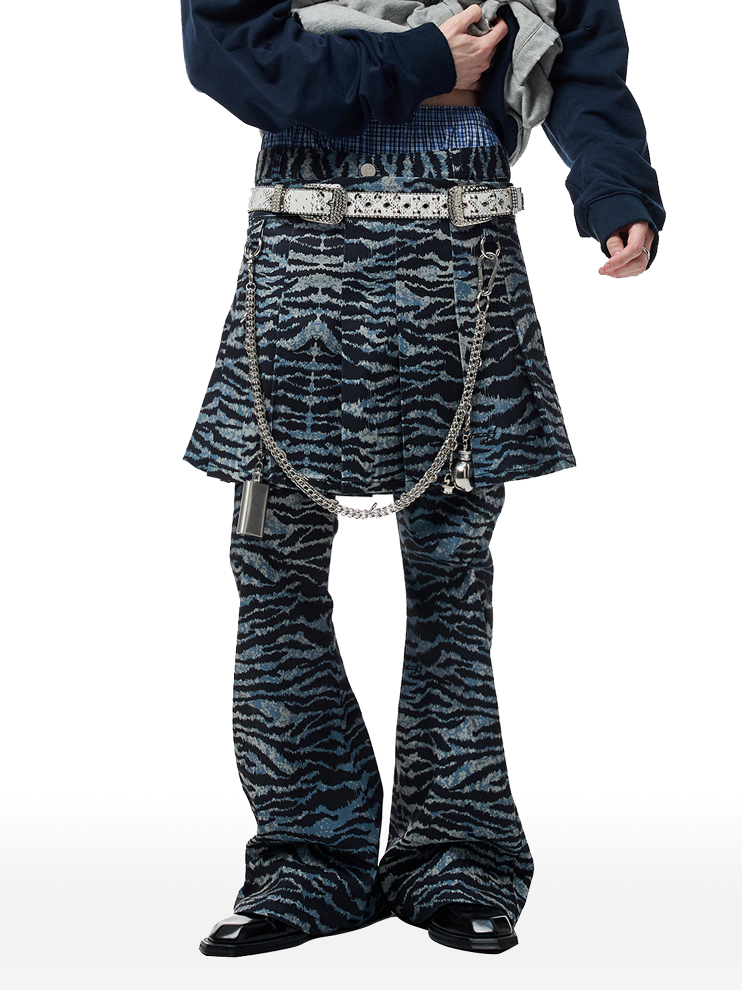CYCYCY Punk Tiger-Stripe Detachable Pleated Flared Pants-Pants-XXS / 27"-Free Shipping Leatheretro