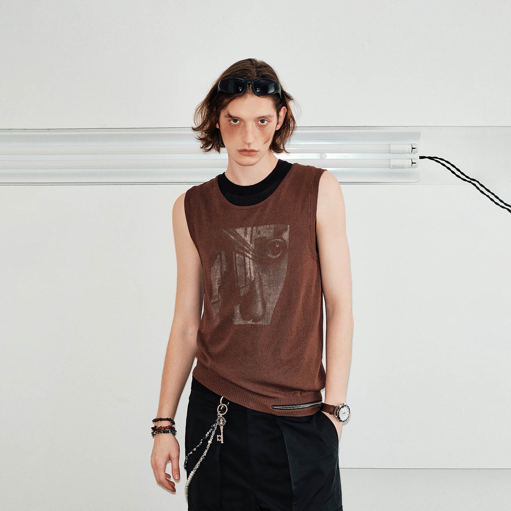 KREATE Abstract Face Knitted Tank Top-Tank Top-S-Brown-Free Shipping Leatheretro