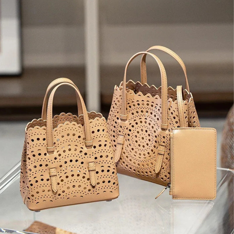 French Handmade Cowhide Leather Tote Bag - Vegetable Basket Versatile Handbag-Shopper Bag-Apricot-Width 18 cm * Height 16 cm * Depth 8.5 cm-Free Shipping Leatheretro