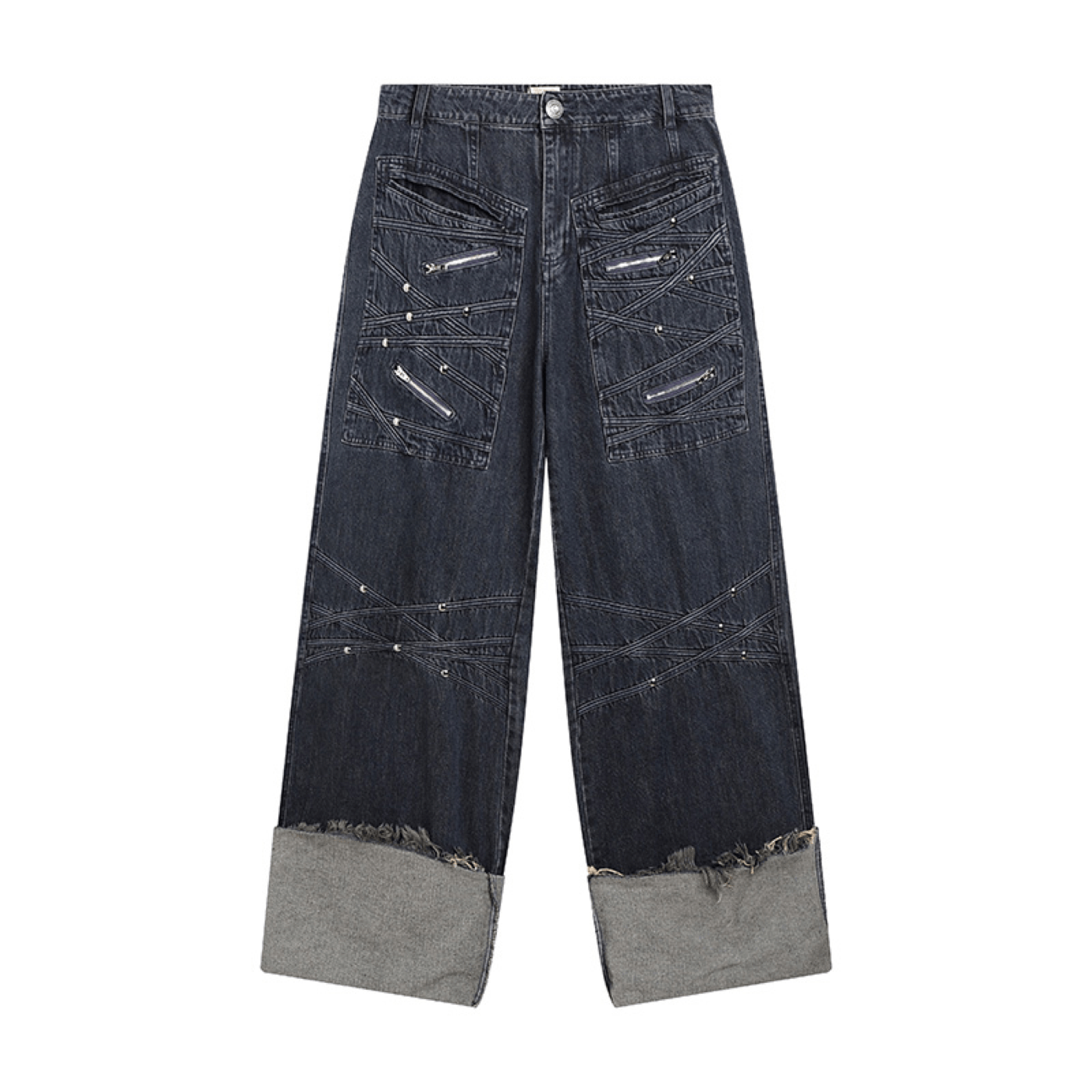 DND4DES Patchwork Raw-Edge Zipper Jeans Dark Blue-Jeans-S-Free Shipping Leatheretro