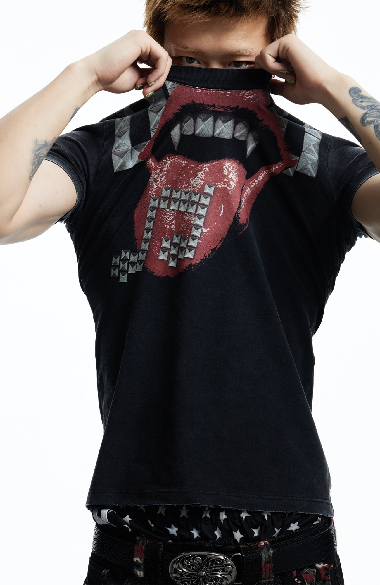 DND4DES Punk Stud Lips Print T-Shirt-T Shirt-S (Preorder)-Black-Free Shipping Leatheretro