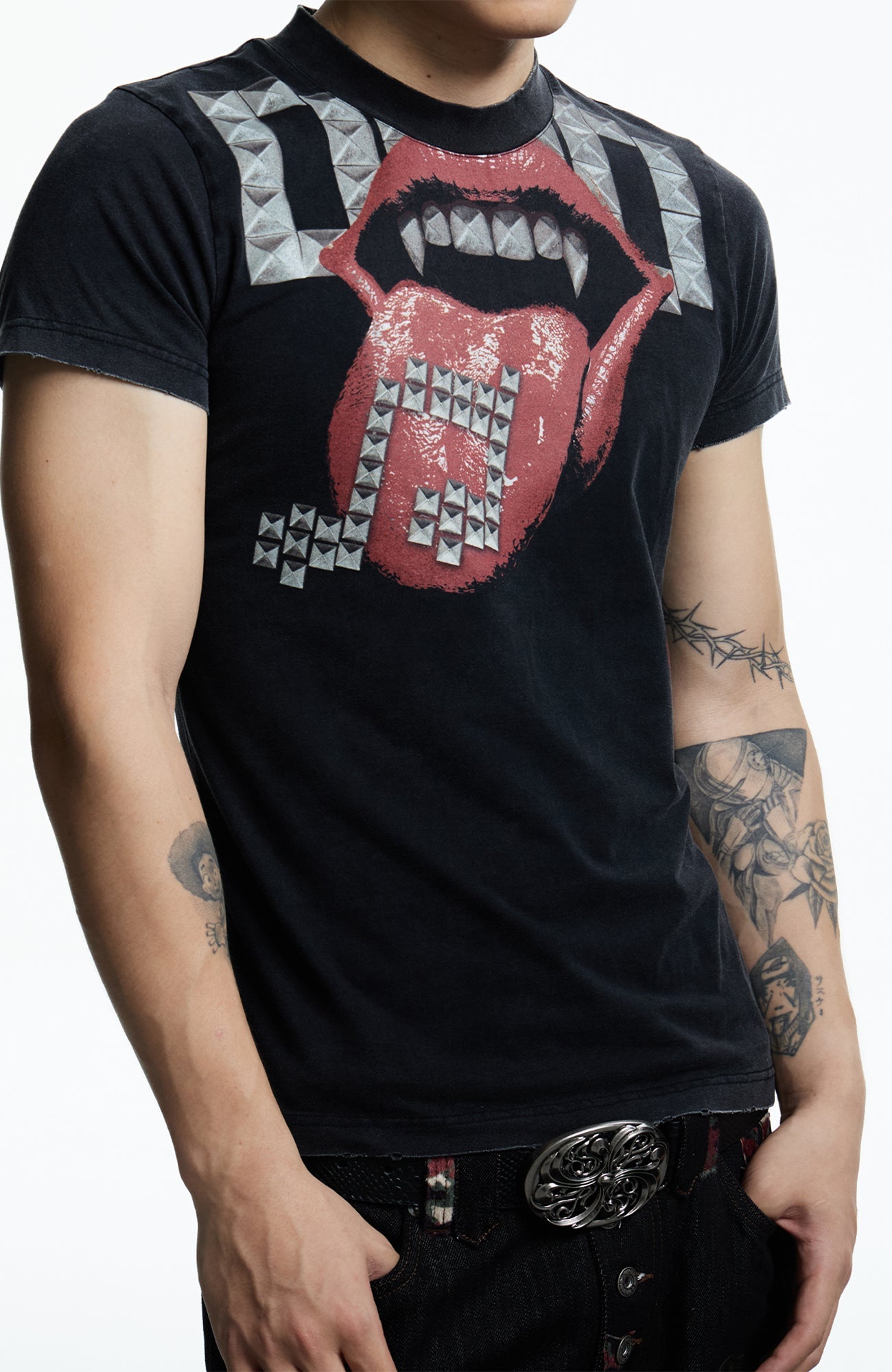 DND4DES Punk Stud Lips Print T-Shirt-T Shirt-S (Preorder)-Black-Free Shipping Leatheretro