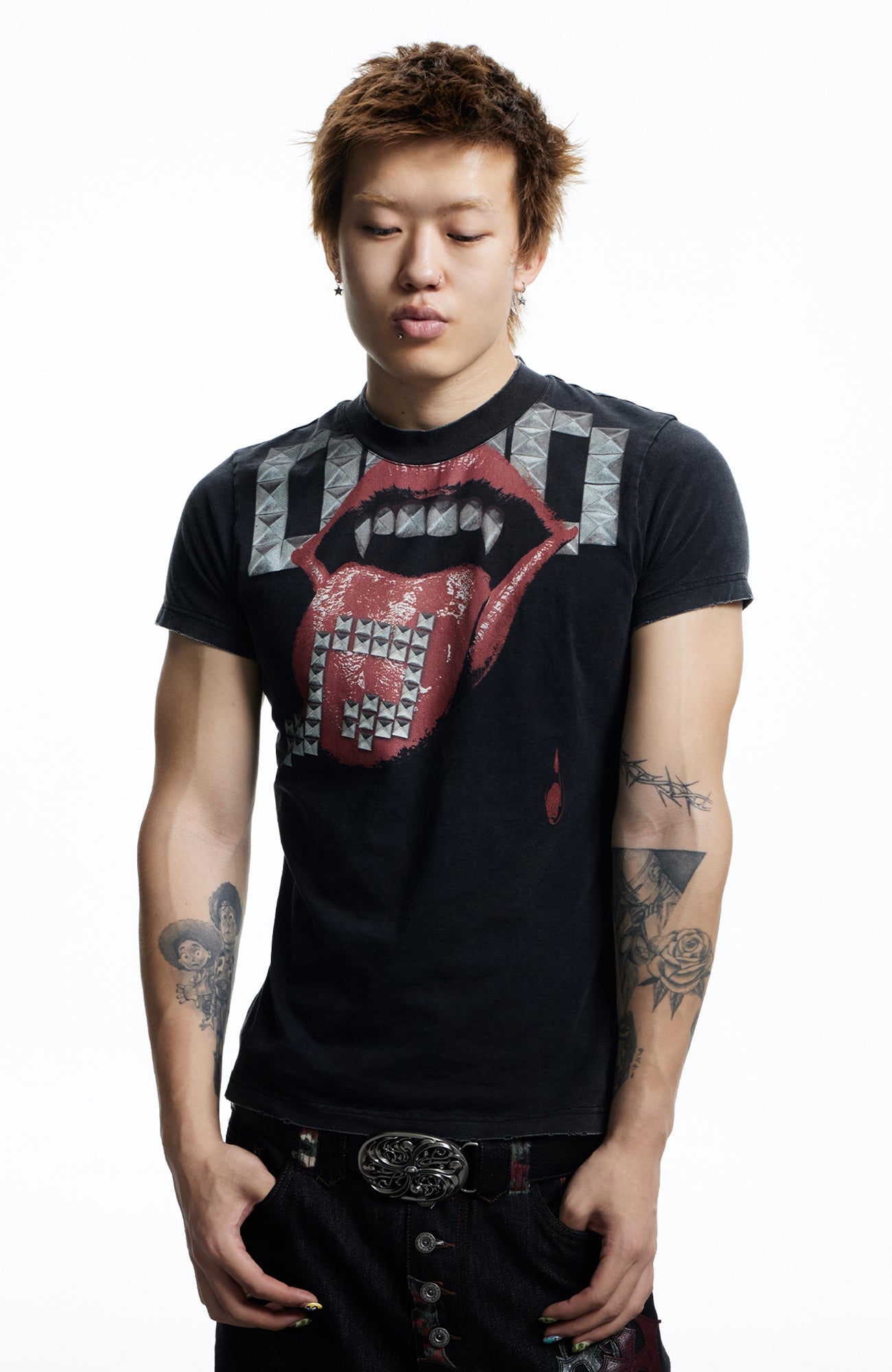 DND4DES Punk Stud Lips Print T-Shirt-T Shirt-S (Preorder)-Black-Free Shipping Leatheretro