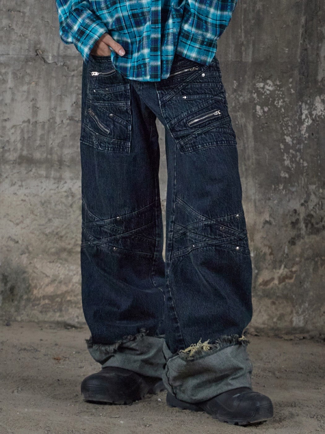 DND4DES Patchwork Raw-Edge Zipper Jeans Dark Blue-Jeans-S-Free Shipping Leatheretro