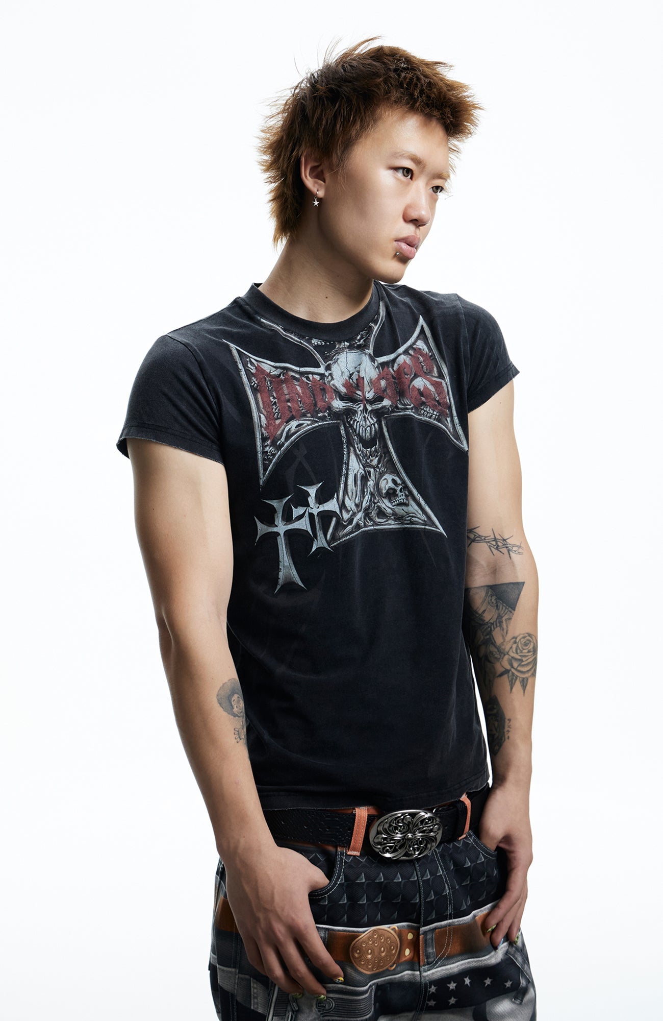 DND4DES Gothic Skull Cross Graphic T-Shirt-T Shirt-S (Preorder)-Black-Free Shipping Leatheretro